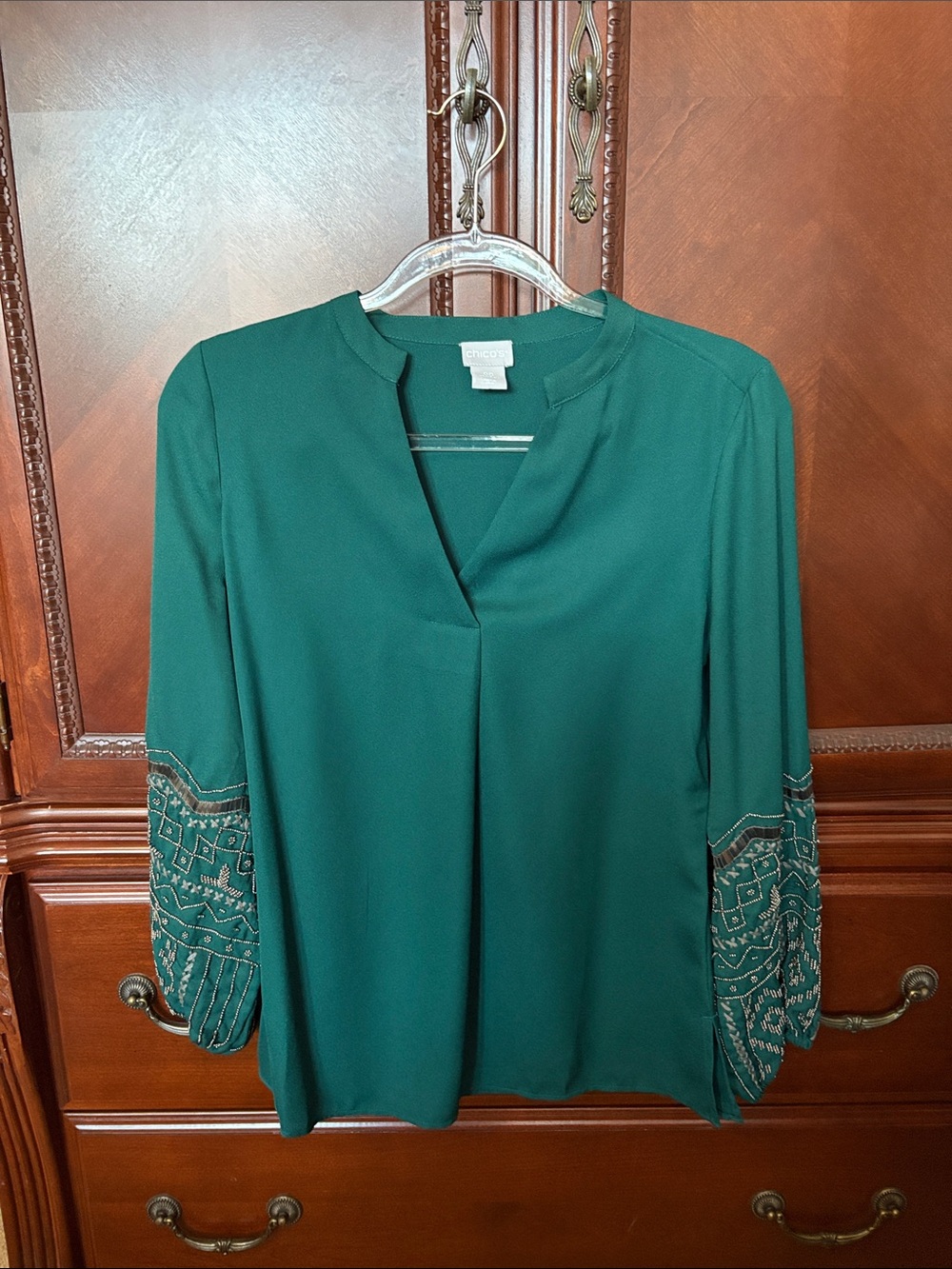 Chico’s Embellished Emerald Green Women's Blouse with Beaded Sleeve Detail